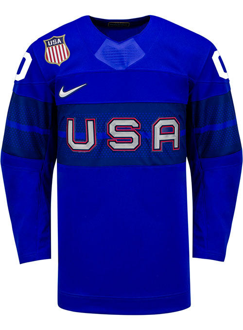 Nike USA Hockey Alternate 2022 Olympic Personalized Jersey in Blue - Front View