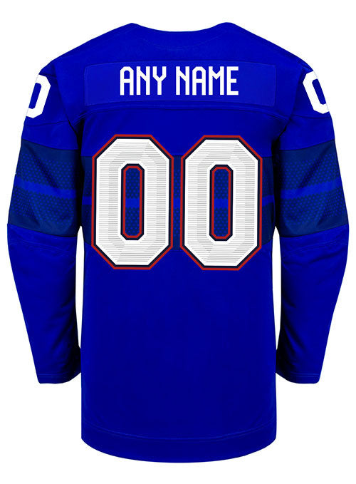 Nike USA Hockey Alternate 2022 Olympic Personalized Jersey in Blue - Back View