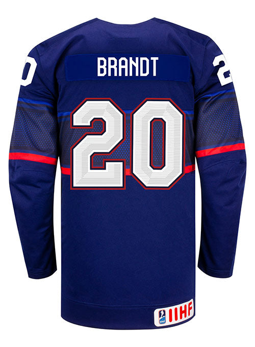 Nike USA Hockey Hannah Brandt Away Jersey in Blue - Back View