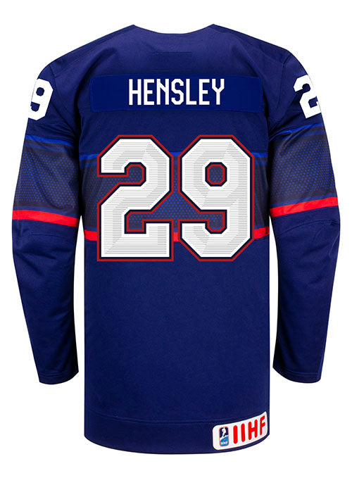 Nike USA Hockey Nicole Hensley Away Jersey in Blue - Back View