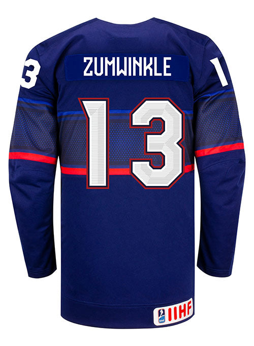 Nike USA Hockey Grace Zumwinkle Away Jersey in Blue - Back View