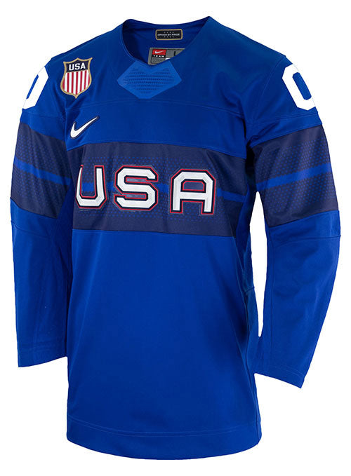 Nike USA Hockey Alternate 2022 Olympic Personalized Jersey in Blue - Front Left View