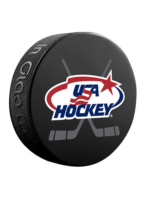 USA Hockey Crossed Sticks Puck in Black - Top View