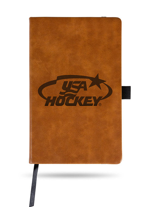 USA Hockey Laser Engraved Brown Notebook in Leather Brown - Front Cover