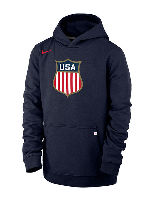 Youth Nike USA Hockey Olympic Club Fleece Hooded Sweatshirt in Navy - Front View