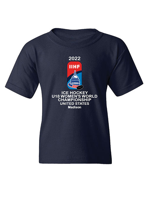 Youth 2022 IIHF U18 Women's World Championship T-Shirt in Navy - Front View