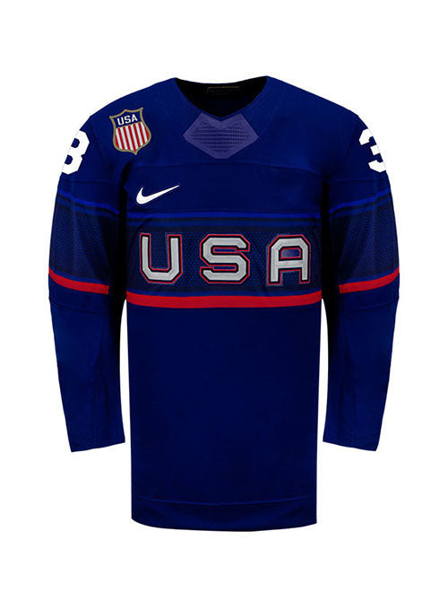 Youth Nike USA Hockey Cayla Barnes Away 2022 Olympic Jersey in Navy - Front View