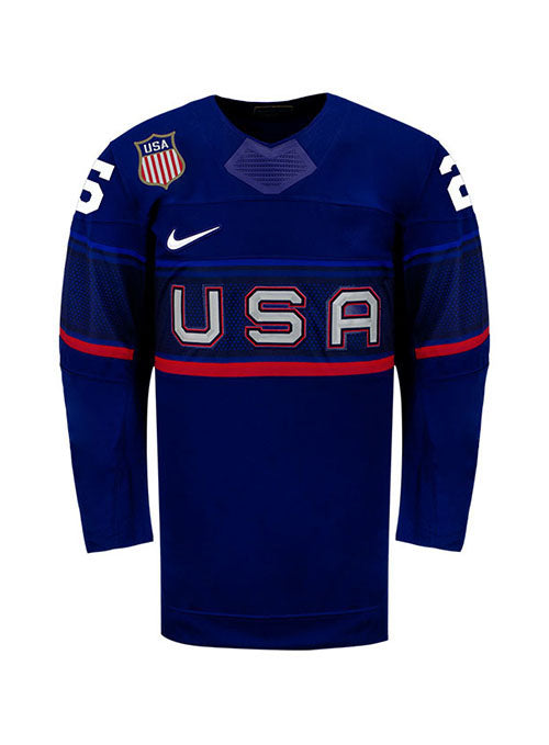 Youth Nike USA Hockey Alex Carpenter Away 2022 Olympic Jersey in Navy - Front View