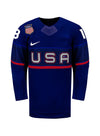 Youth Nike USA Hockey Jesse Compher Away 2022 Olympic Jersey in Navy - Front View