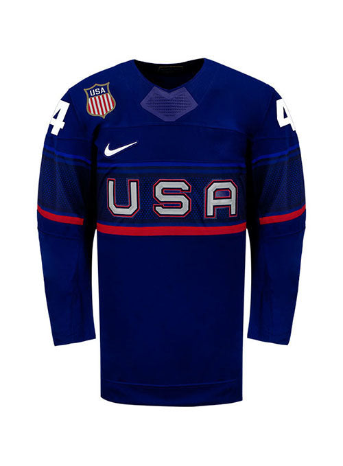 Youth Nike USA Hockey Caroline Harvey Away 2022 Olympic Jersey in Navy - Front View
