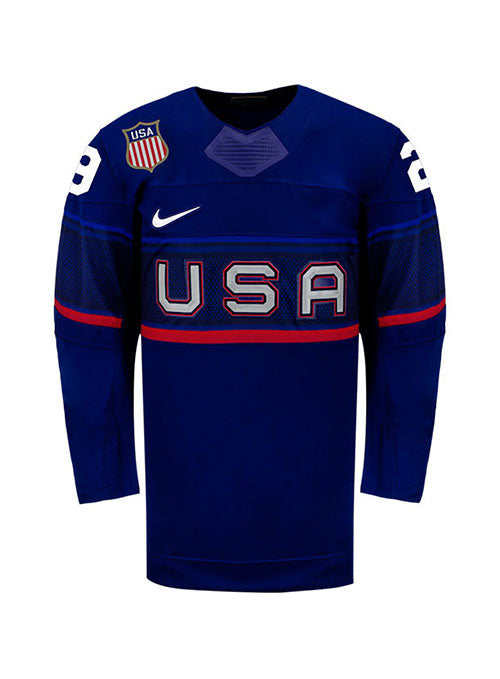 Youth Nike USA Hockey Nicole Hensley Away 2022 Olympic Jersey in Navy - Front View