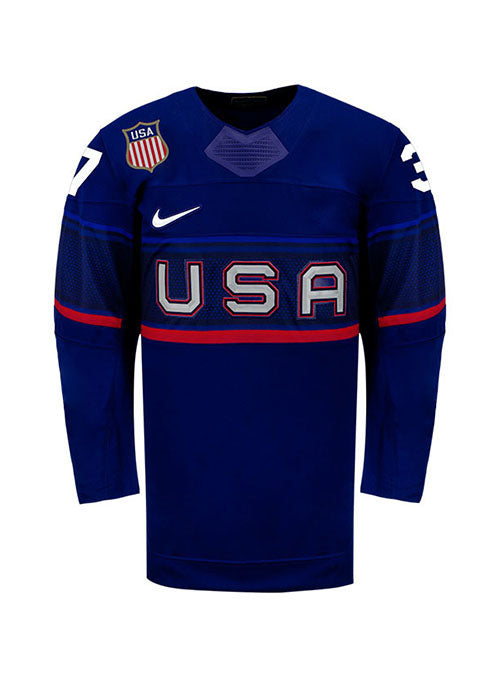 Youth Nike USA Hockey Abbey Murphy Away 2022 Olympic Jersey in Blue - Front View