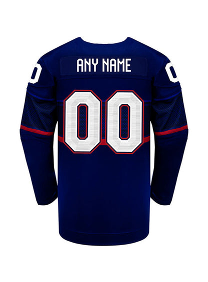 Youth Nike USA Hockey Away 2022 Olympic Personalized Jersey in Navy - Back View