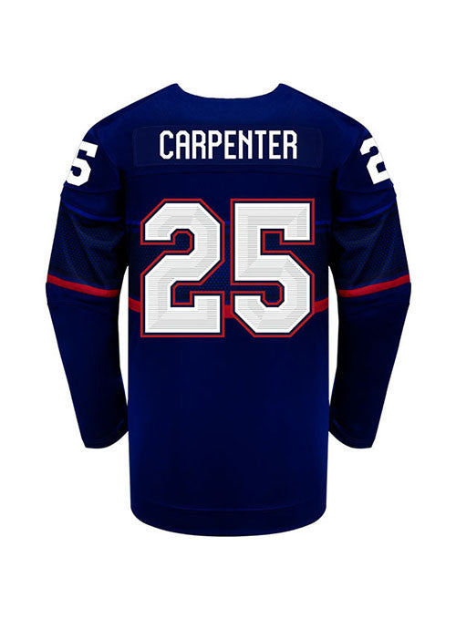 Youth Nike USA Hockey Alex Carpenter Away 2022 Olympic Jersey in Navy - Back View