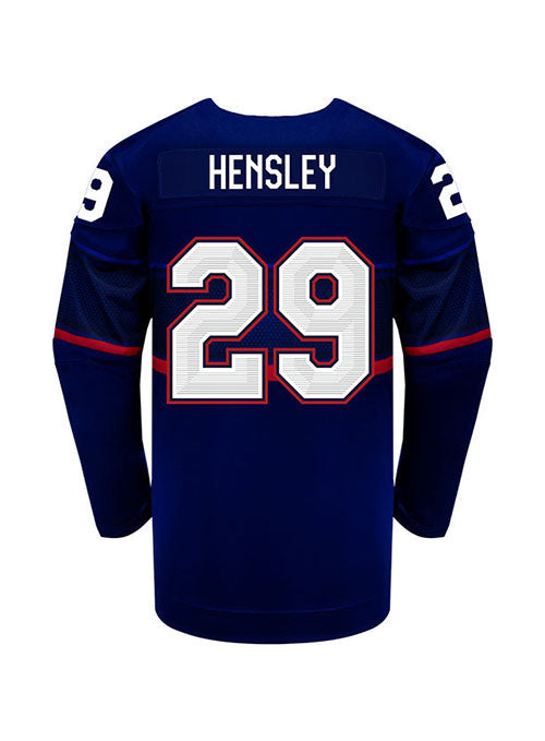 Youth Nike USA Hockey Nicole Hensley Away 2022 Olympic Jersey in Navy - Back View