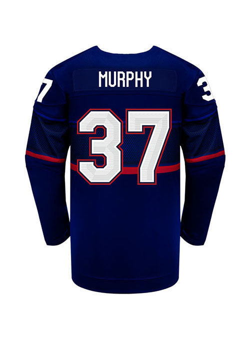 Youth Nike USA Hockey Abbey Murphy Away 2022 Olympic Jersey in Blue - Back View
