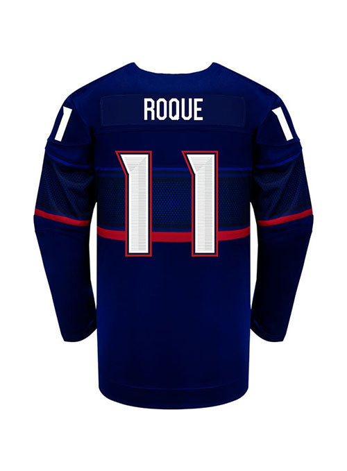Youth Nike USA Hockey Abby Roque Away 2022 Olympic Jersey in Blue - Back View