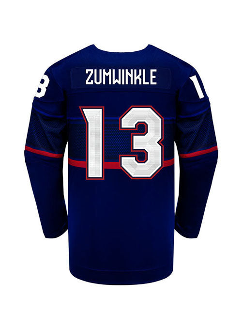 Youth Nike USA Hockey Grace Zumwinkle Away 2022 Olympic Jersey in Navy - Back View
